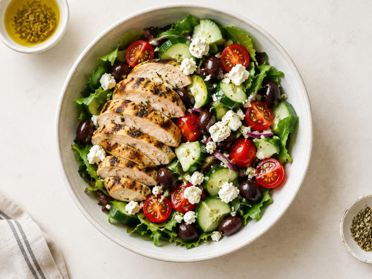 Salade composée fraîche avec poulet grillé, feta et olives
